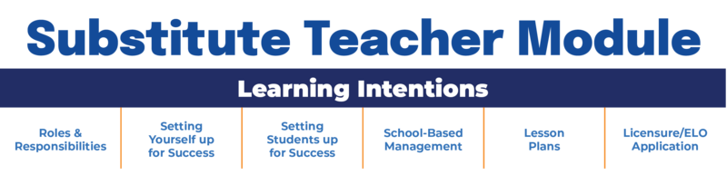 Substitute Teacher Modules - Roles & Responsibilities, Setting Yourself Up for Success, Setting Students Up for Success, School-Based Management, Lesson Plans, Licensure/ELO Application