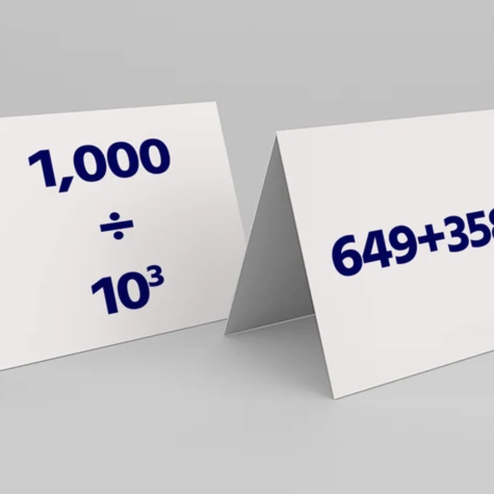 Cards that display 3 digit addition and 1000 divided by 10 to the 3rd power