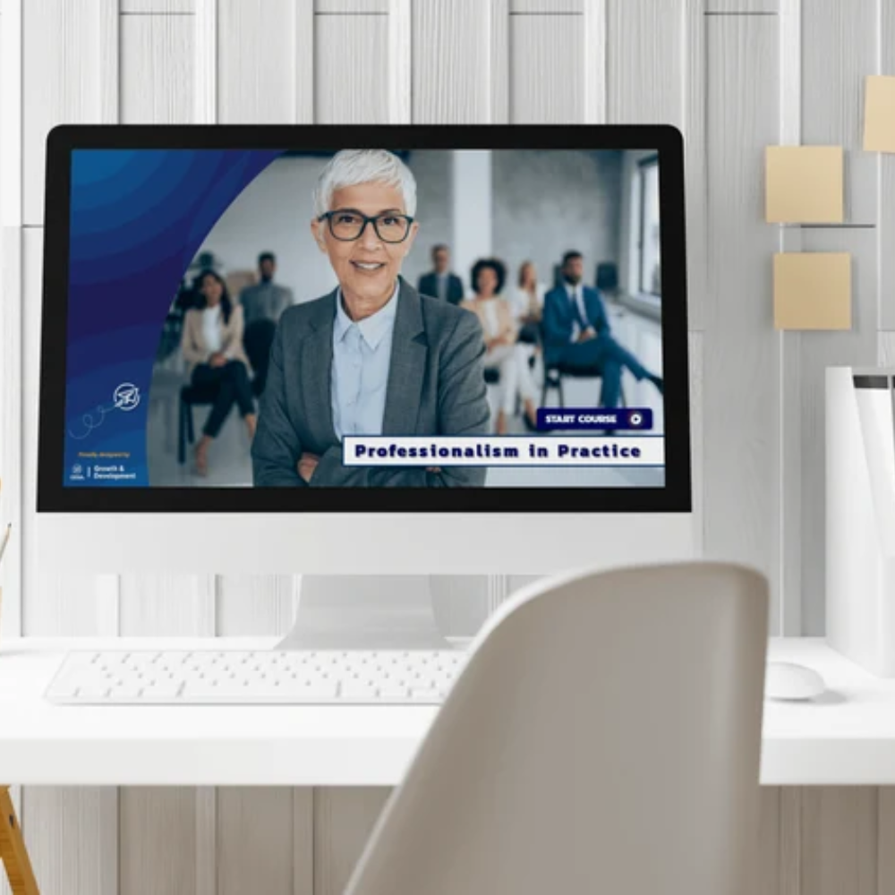 A woman on a computer screen with Professionalism in practice