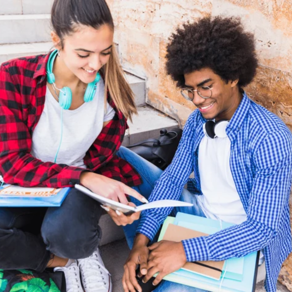 Two people reading together