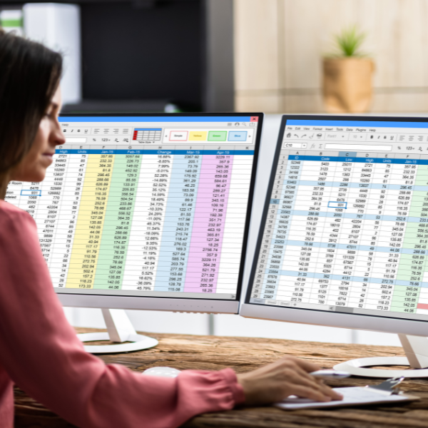 Someone sitting at a desk with 2 monitors open with lots of spreadsheets